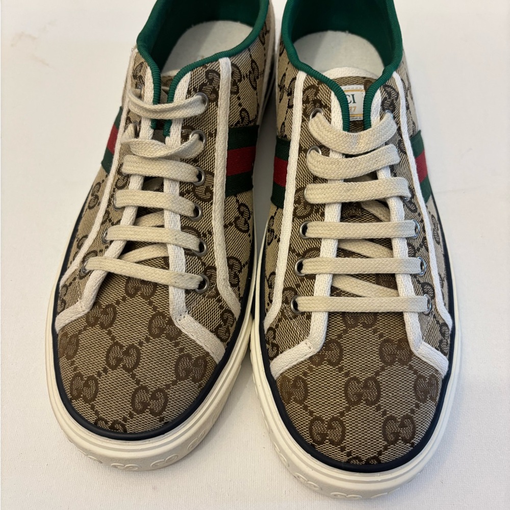 Gucci Beige and Green Logo Sneakers plateform - Picture 2 of 11